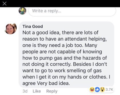 SomeonesAnIdiot's tweet photo. After Oregon changed the law so that people can pump their own gas, people in Oregon admit they don’t even know how to do such an incredibly complicated task and think touching a loaded gas pump is more dangerous than picking up a loaded gun

(pics via @Kristytipsy) https://t.co/OvPtGtvniQ