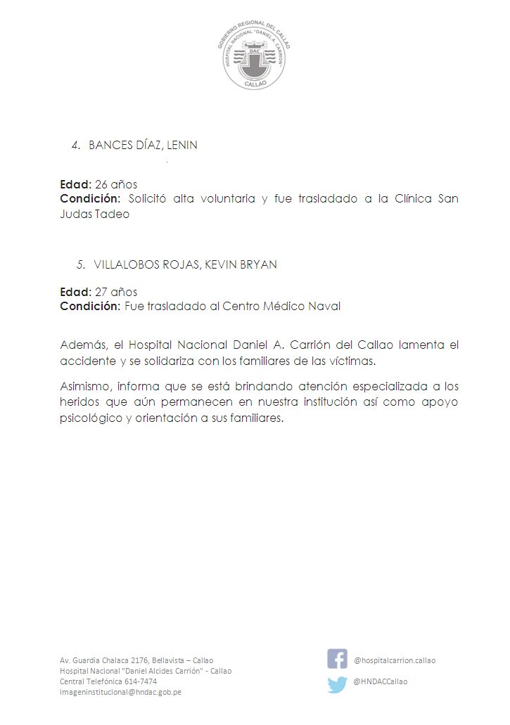 #Actualización sobre pacientes del accidente en Pasamayo trasladados al <a href="/HNDACCallao/">HNDAC</a>