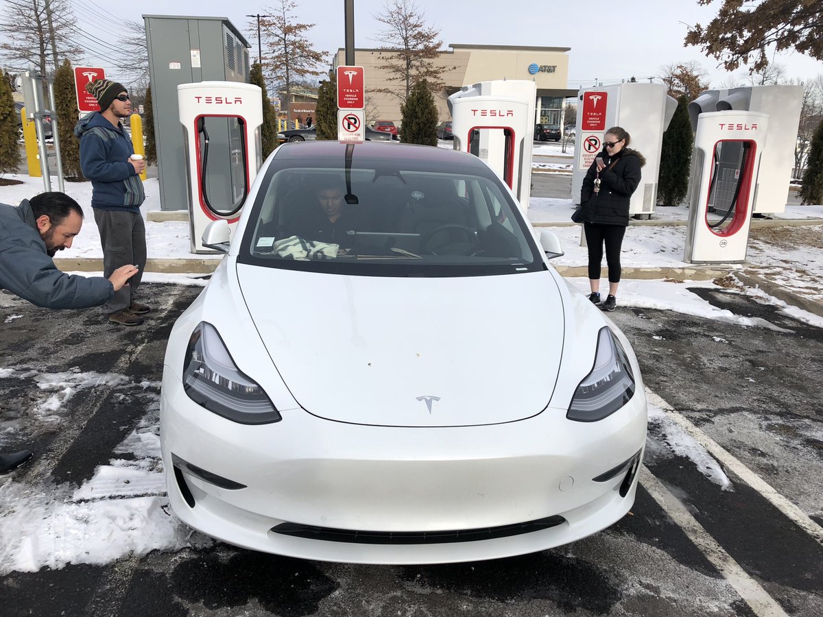 CT_Tesla's tweet photo. .@Tesla #Model3 spotted in the wild in Milford, CT yesterday. Several owners gathered to meet the crew driving it across the country.  Follow them here https://t.co/EcsTLsEc0B https://t.co/uqy5k9Bbxz