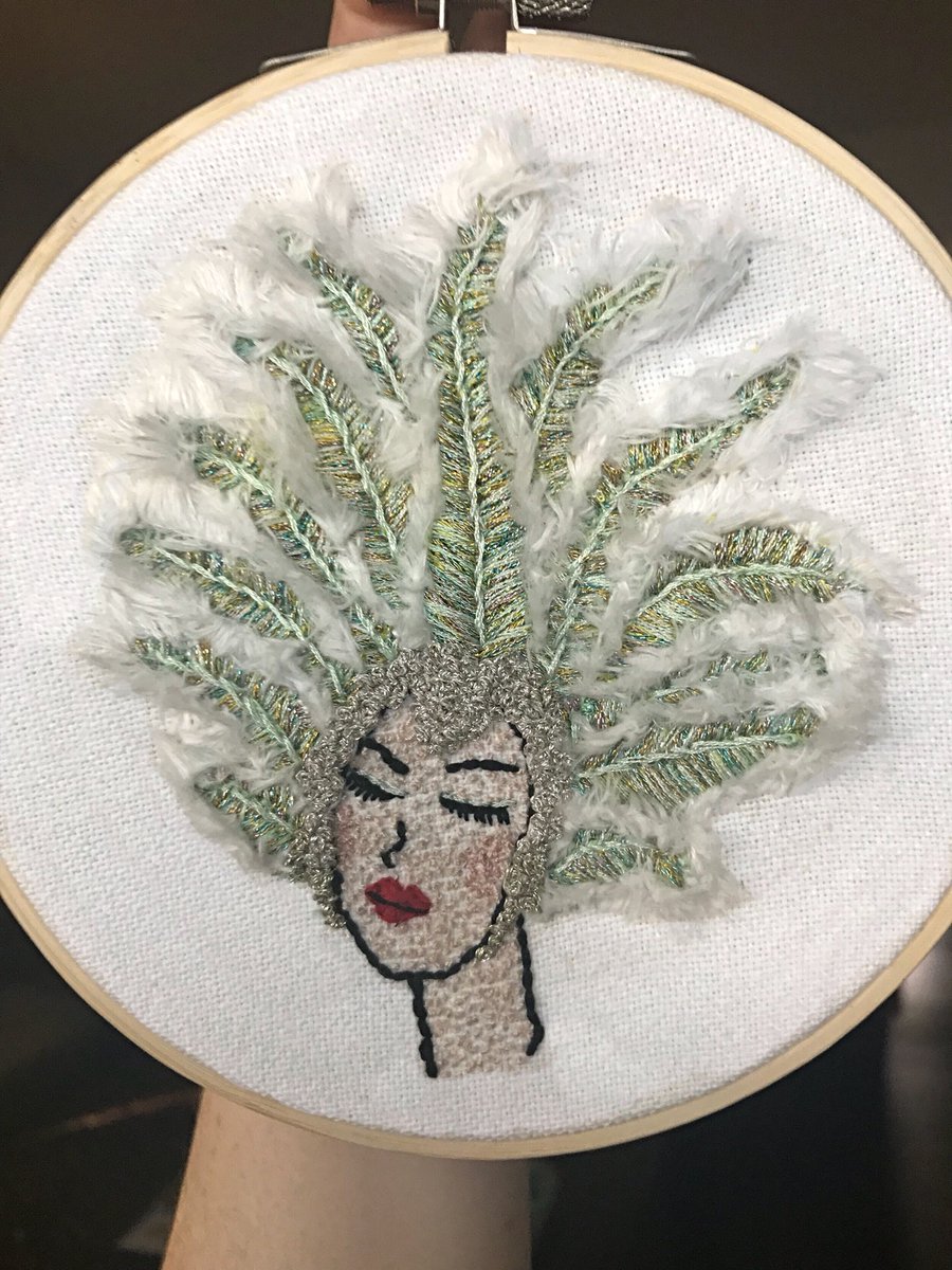 This showgirl is finished and I ❤️ the results! She will be available in the shop soon. #showgirl #vintage #vintageheadpiece #headpiece #feathers #headress #embroidery #art #modernart  #handcrafted #handstitched #needlework #needlecraft #dmcembroideryfloss #dmc #etsy #handmade