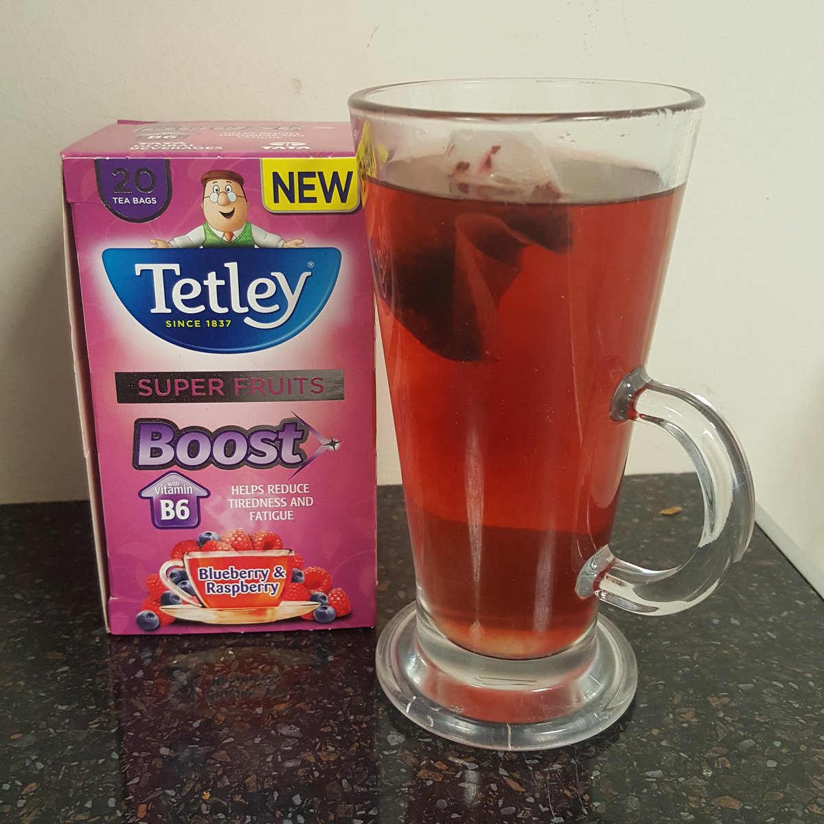 adelecloughco's tweet photo. Bye bye caffeine, hello weird B6 super fruity tea! Hoping the 'super' fruits and B6 work their magic in reducing the tiredness and fatigue from lack of coffee. Bring it on! #NewYearsResolutions #HealthyChoices #CaffeineFree #FruityTea #ImNaturallyHyper https://t.co/rdDu5oNeeW