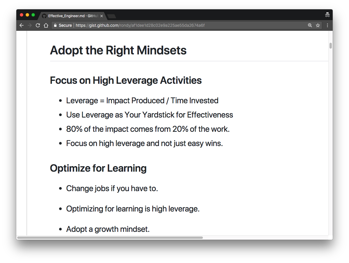 The Effective Engineer - gist.github.com/rondy/af1dee1d… - A very concise set of notes on becoming a solid engineer 💻 ✅