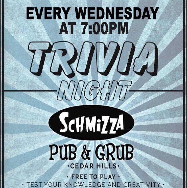 StumptownTrivia's tweet photo. It’s #Wednesday! Kick off 2018 by testing your knowledge and creativity tonight at @SchmizzaCedarH. See you at 7pm! #cedarhills #pizza #beer #trivia #trivianight #stumptown #stumptowntrivia #beaverton #pdx #portlandtrivia https://t.co/g1OdylODlN
