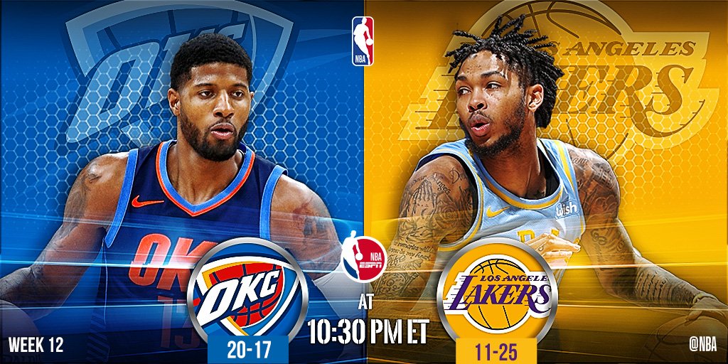 NBA's tweet photo. Tonight's @ESPNNBA doubleheader features...

8pm/et: @cavs visit @celtics 

10:30pm/et: @okcthunder visit @Lakers https://t.co/XqI9T8KuTd