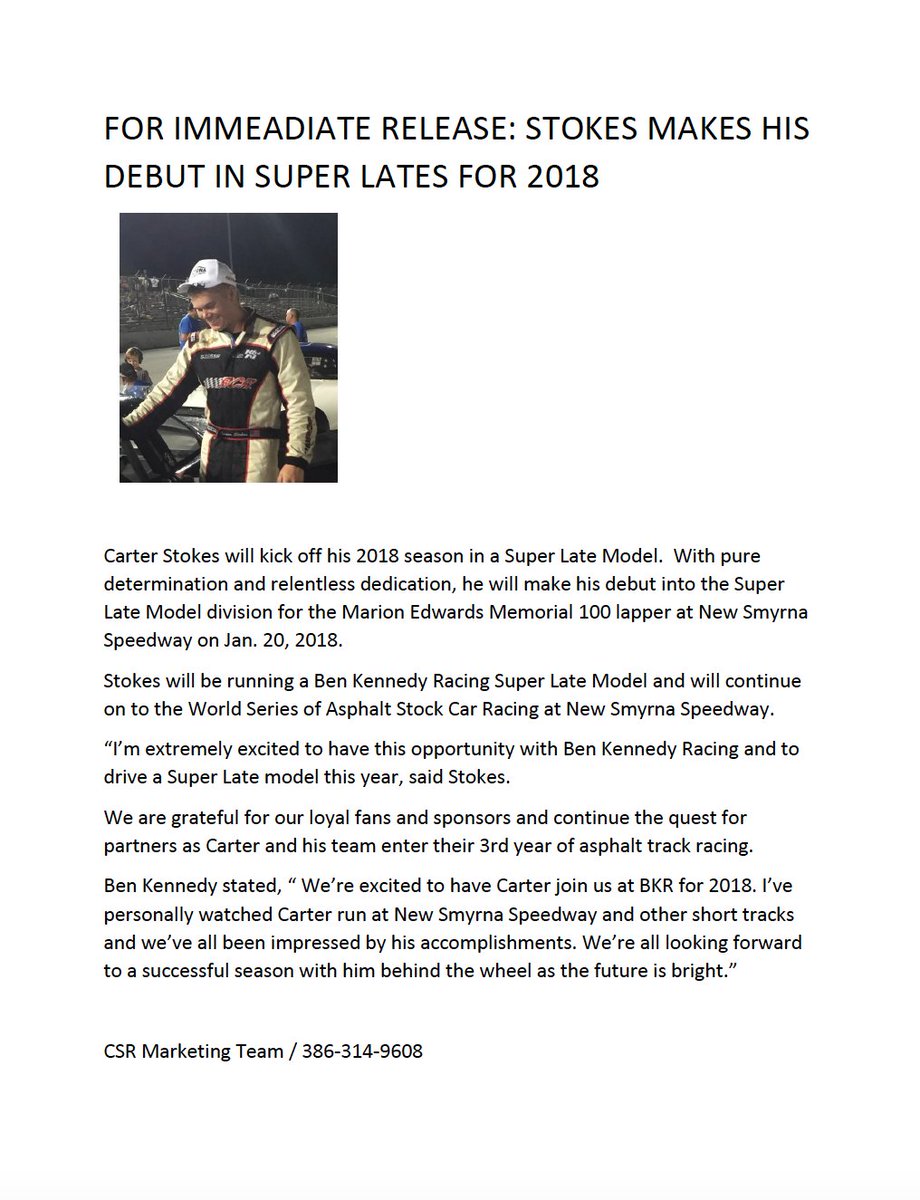 nexusracingco's tweet photo. Carter Stokes to join BKR in 2018 making his debut in Super Late Models. Read More: https://t.co/w9SaA4u8tL
