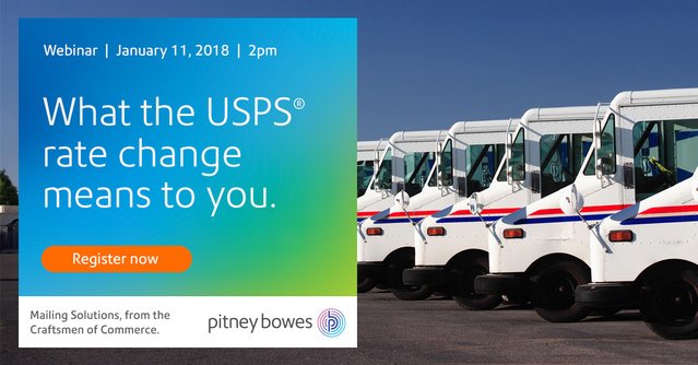 kryanmufson's tweet photo. [Webinar] Join experts from @PitneyBowes on January 11th for all you need know about the 2018 @USPS Rate Change https://t.co/c9ByIxzwZx #PBemp https://t.co/qazNDKORS9