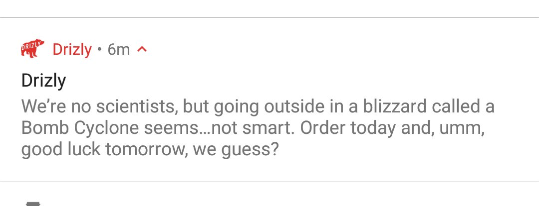 CaitCerra's tweet photo. Push notifications done right. @Drizly is on point. #BlizzardPrep #SnowThingLikeBlizzardsAndBooze https://t.co/zpzEzzs4A0