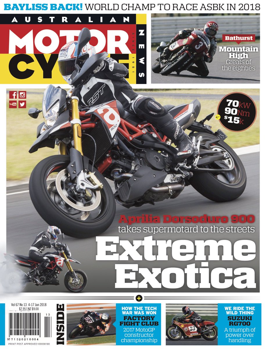 New issue of AMCN (Vol 67 No13) on sale now!
Read about the Aprilia Dorsoduro 900, Ehret Vincent Series C Black Lightning, Suzuki XR238B, Bathurst in the 80's, KTM Rallye, MotoGP, ASBK, Nobby Clark, AMCN Island Classic, Honda CB250N, 5 Bikes in five ways in five days, Kawasaki