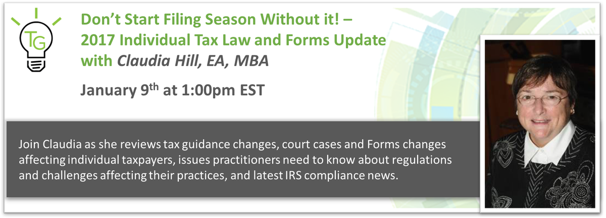 taxgeniuslearn's tweet photo. Join Claudia Hill, EA, MBA on January 9th for a 2-hour Webinar you won't want to miss. Register at https://t.co/rX306E0v09 https://t.co/0inC1KI9kf