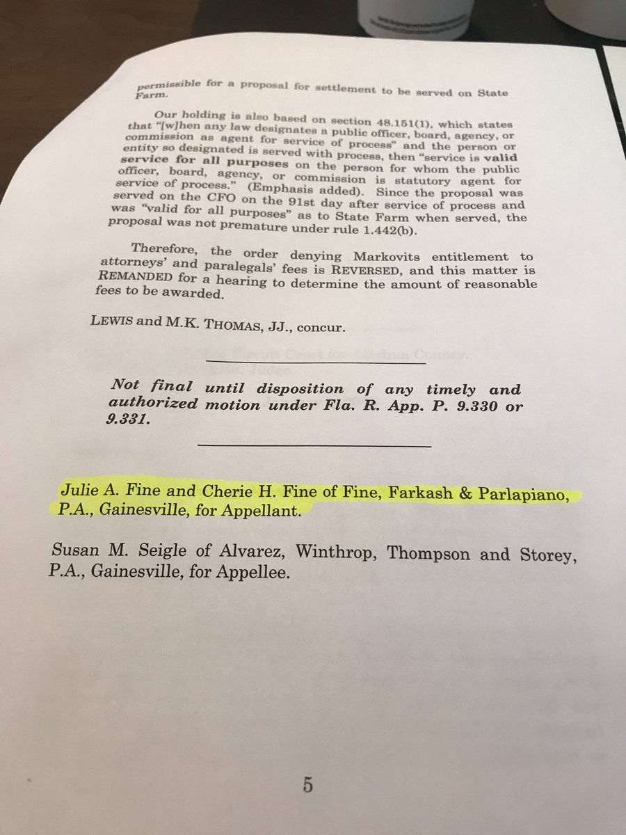 ffp_law's tweet photo. CONGRATULATIONS!! First DCA release Opinion in favor of Appellant and against State Farm Insurance, represented by @ffp_law #attorneys Julie A. Fine &amp; Cherie H. Fine. Huge victory for our client and our entire #ffplaw team! ⚖️🎉⚖️🎉 https://t.co/gt41x2JbBU