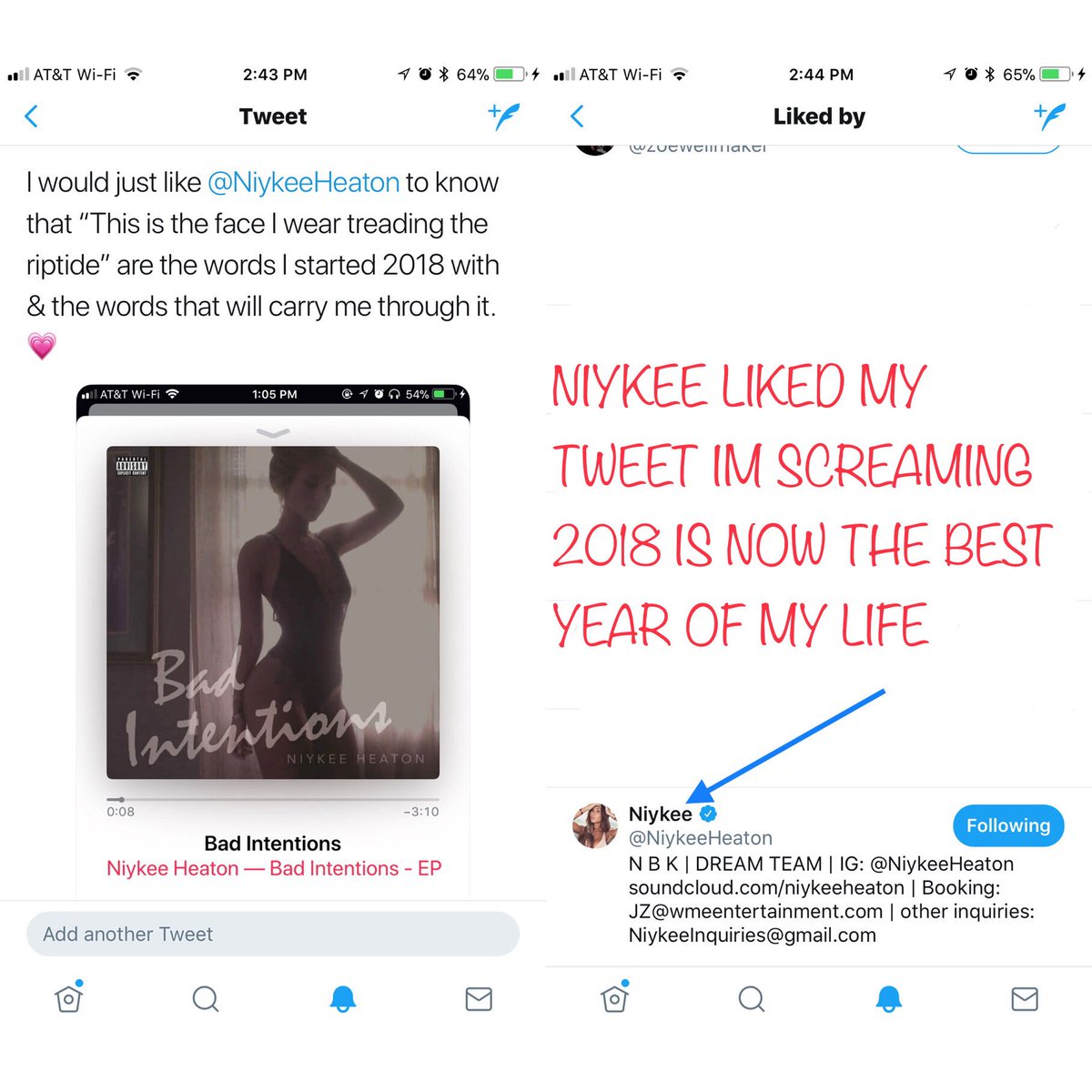 raenstorming's tweet photo. @NiykeeHeaton Our fearless leader took the time out of her beautiful life to like my tweet and THAT is everything to me #NBKforLIFE 💗💗💗 https://t.co/XtIsBFCHQi
