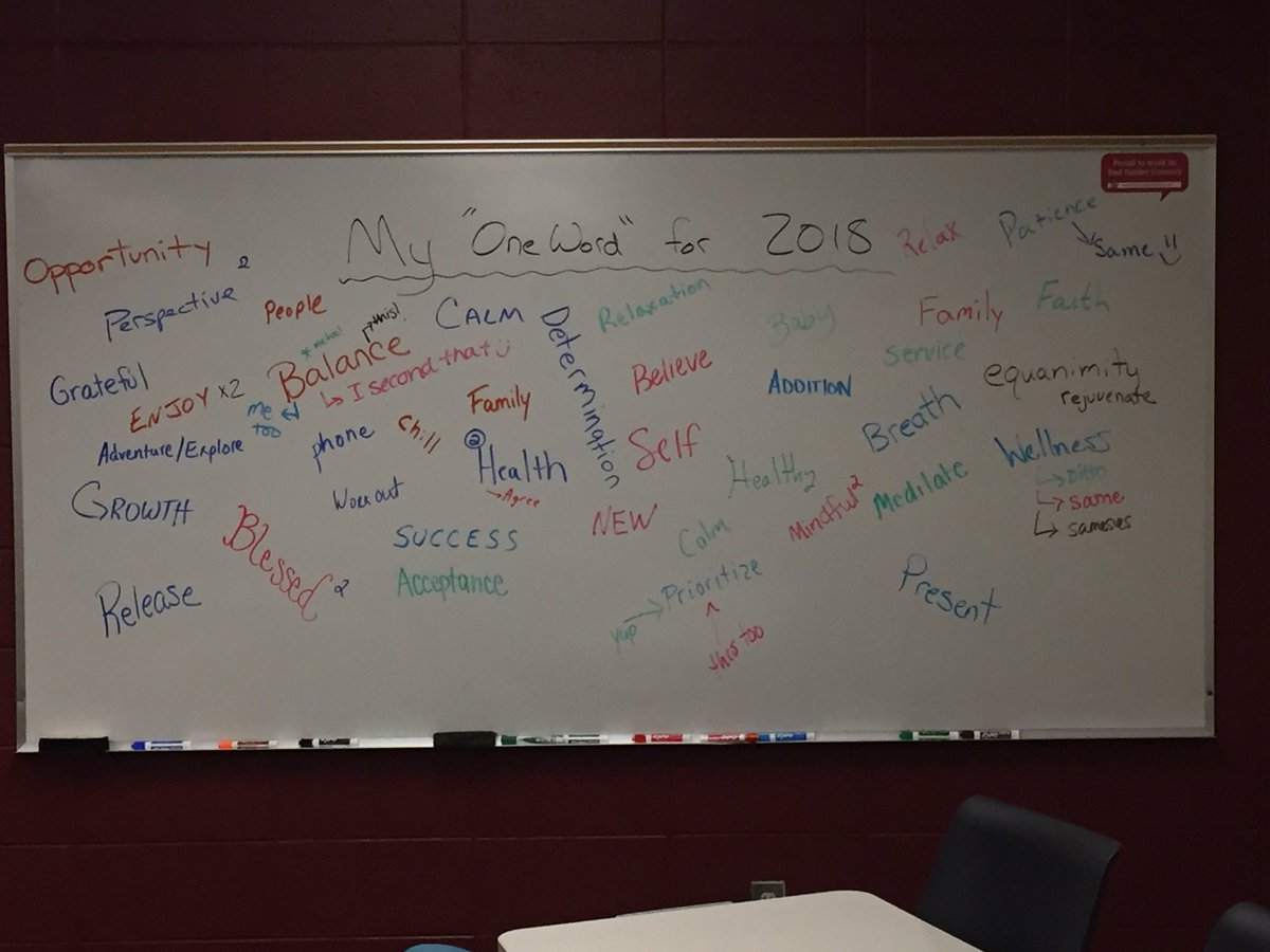 PCSD_PCMS's tweet photo. @PCSD_PCMS Staff put their #oneword for 2018 on the board in Think Tank today! #raiderstrong #notjustaresolution #awayoflife https://t.co/sGRy4FKL5o