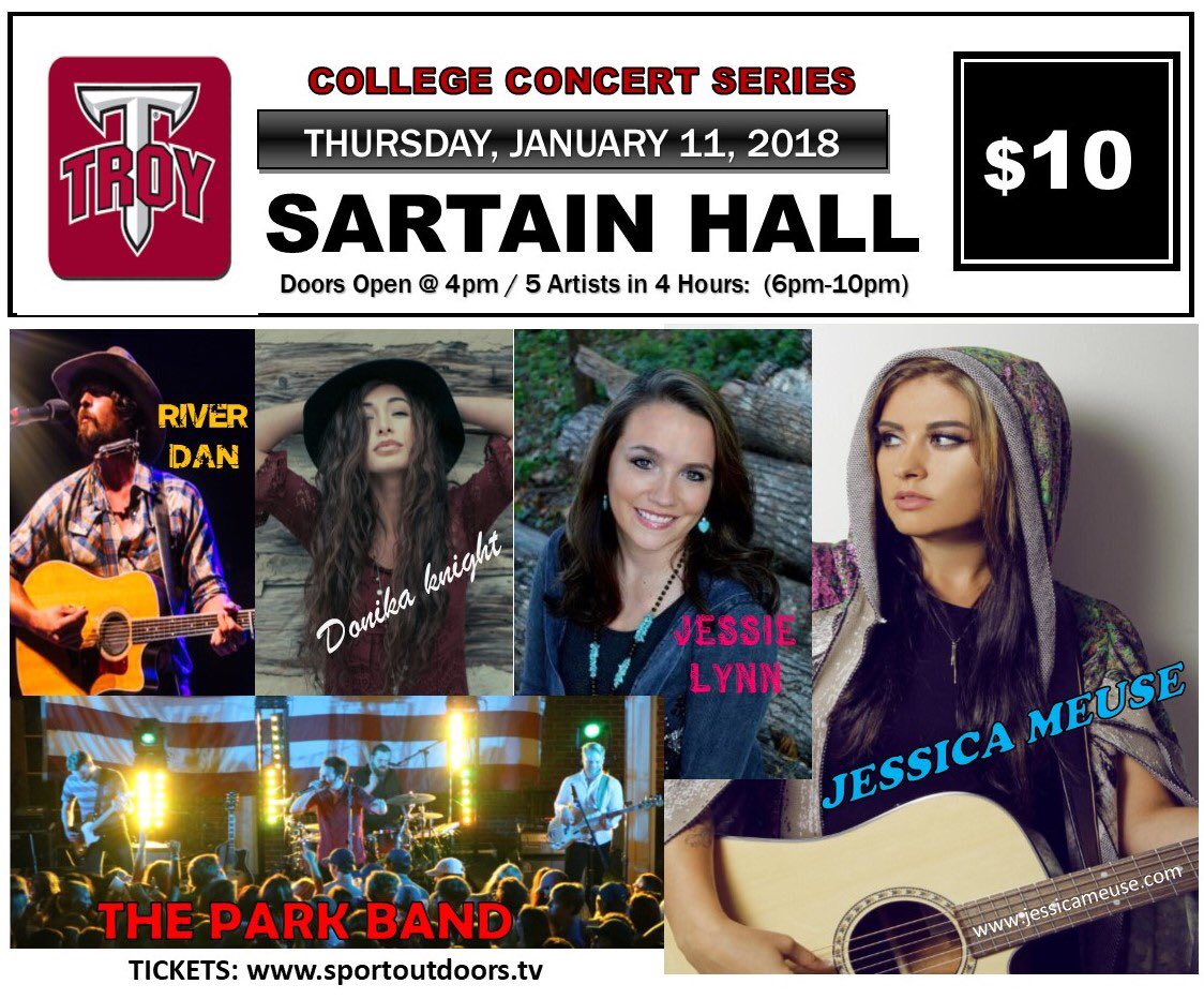 Next Thursday, <a href="/JessieLynnJL/">Jessie Lynn®</a> <a href="/JessMeuse/">Jessica Meuse</a> <a href="/DonicaKnight/">Donica Knight</a>, River Dan and <a href="/TheParkBand/">The Park Band</a> will be lighting up Troy University’s stage for the College Concert Series brought to you by Sport Outdoors and Dirt to Diva Productions! Get your tickets now!