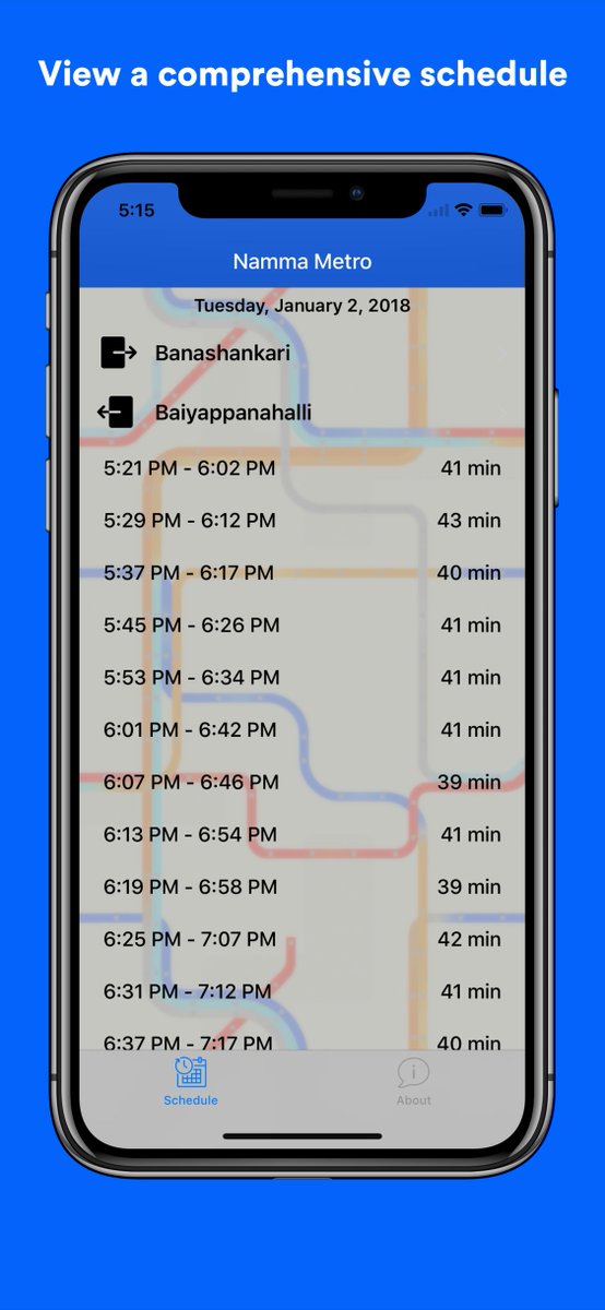 NammaMetroiOS's tweet photo. @NammaMetroiOS just got a lot better with version 1.3. You can now view schedule across all stations irrespective of #GreenLine or #PurpleLine. Not just that, drill down to the details of your trip by tapping the schedule. #NammaMetro #bangaloretraffic https://t.co/RNNrvfrWbK