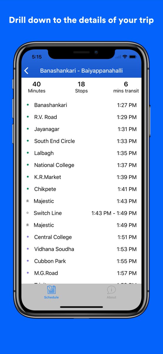 NammaMetroiOS's tweet photo. @NammaMetroiOS just got a lot better with version 1.3. You can now view schedule across all stations irrespective of #GreenLine or #PurpleLine. Not just that, drill down to the details of your trip by tapping the schedule. #NammaMetro #bangaloretraffic https://t.co/RNNrvfrWbK