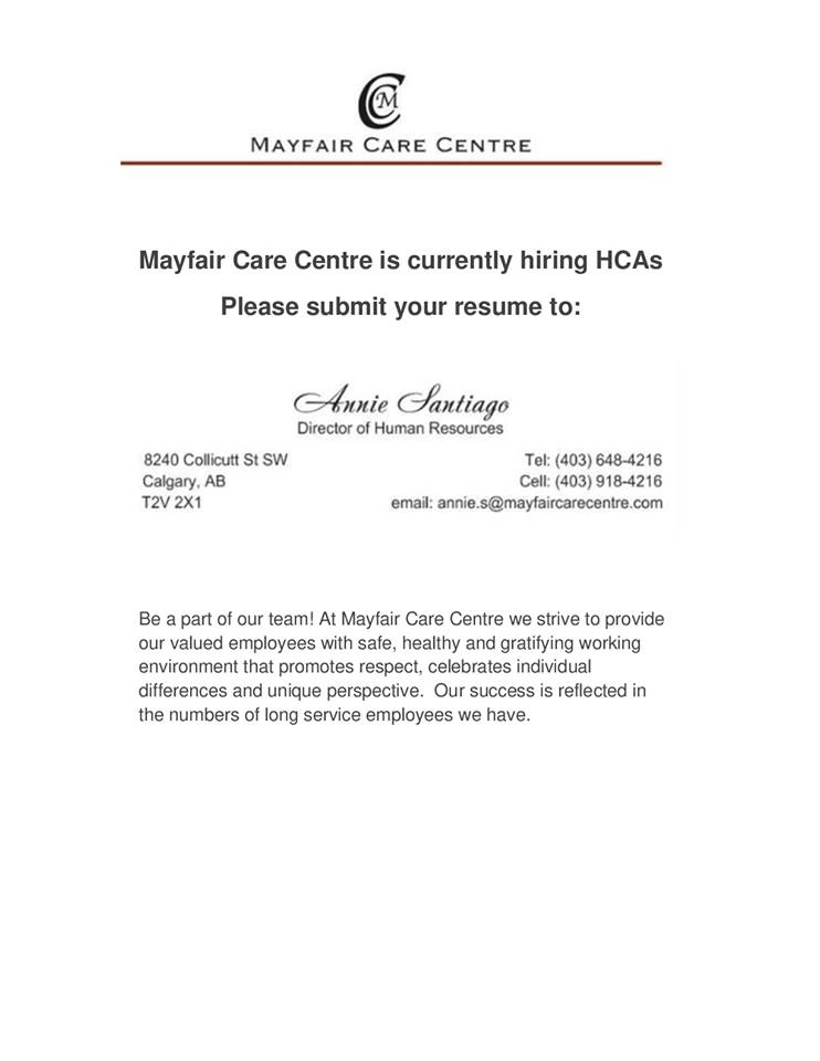 ABMCollege's tweet photo. Our friends at Mayfair Care Centre are hiring #HCA's! Please submit your resumes to: Annie Santiago, annie.s@mayfaircarecentre.com
#jobsyyc #yyc #calgaryhca #yychcas #healthcareaide https://t.co/j3zemyr78e
