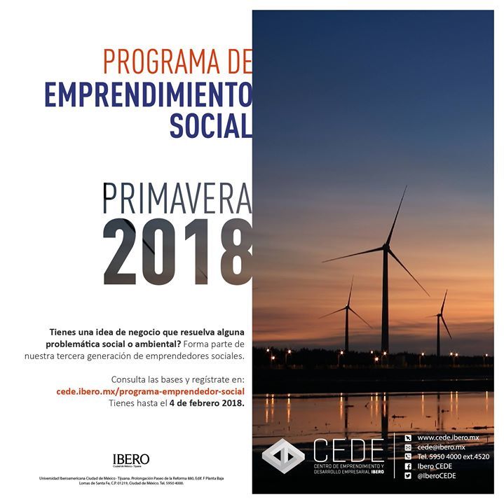 SocialabMx's tweet photo. ¿Quieres desarrollar tu idea de negocio de alto impacto? Participa en el programa de incubación de Ibero CEDE. Consulta las bases y regístrate en: https://t.co/6k9p5lAru5     Tienes hasta el 4 de febrero. https://t.co/BY7lGtLD7e