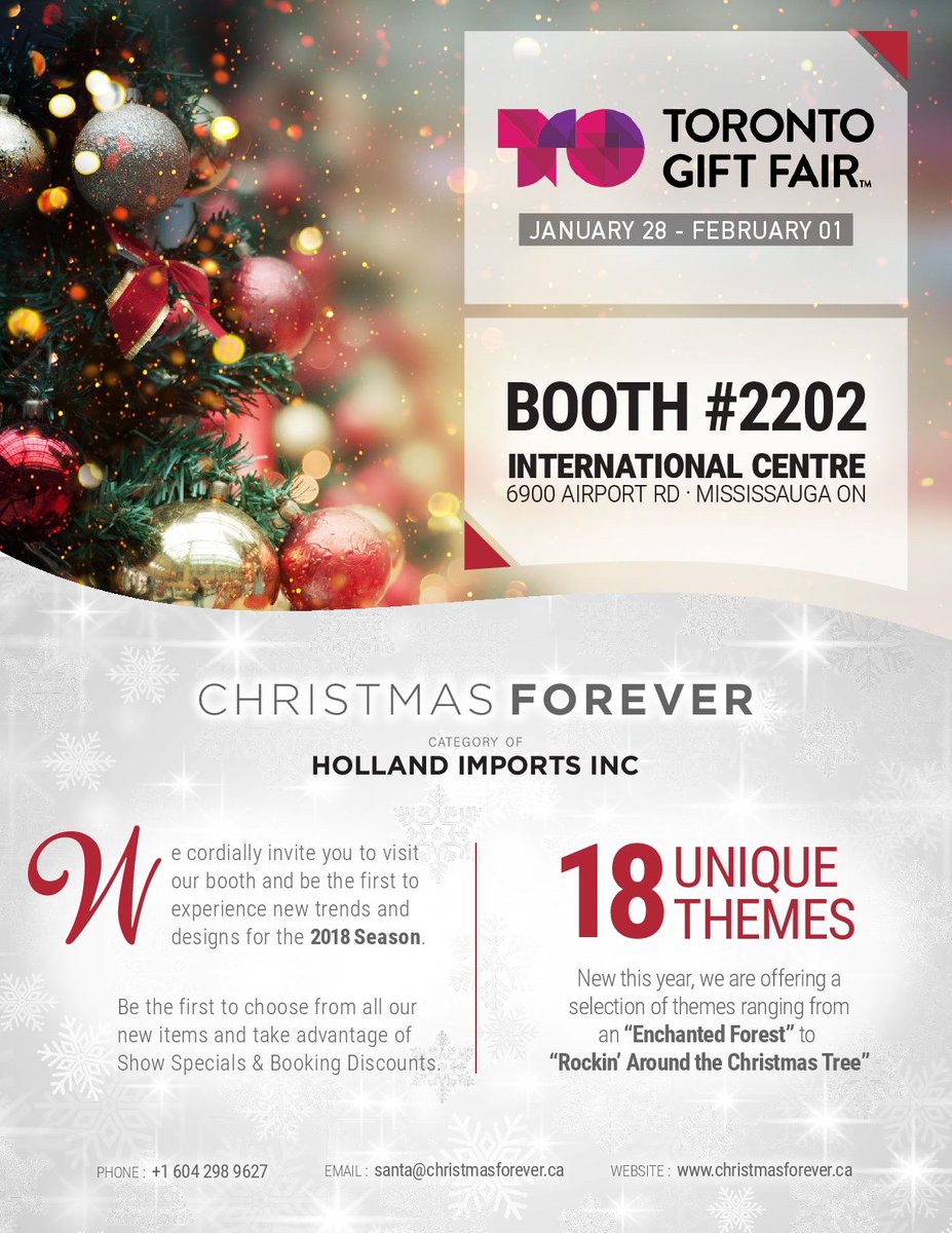 holland_imports's tweet photo. Our Christmas Category will be at the Toronto Gift Show! Come see our new products and take advantage of show specials. New this year we will have 18 themes! Check out our Booth#2202 in the International Center #CGTA #torontogiftfair #christmas #christmasforever #CGTA2018 https://t.co/loeCMyWTJQ