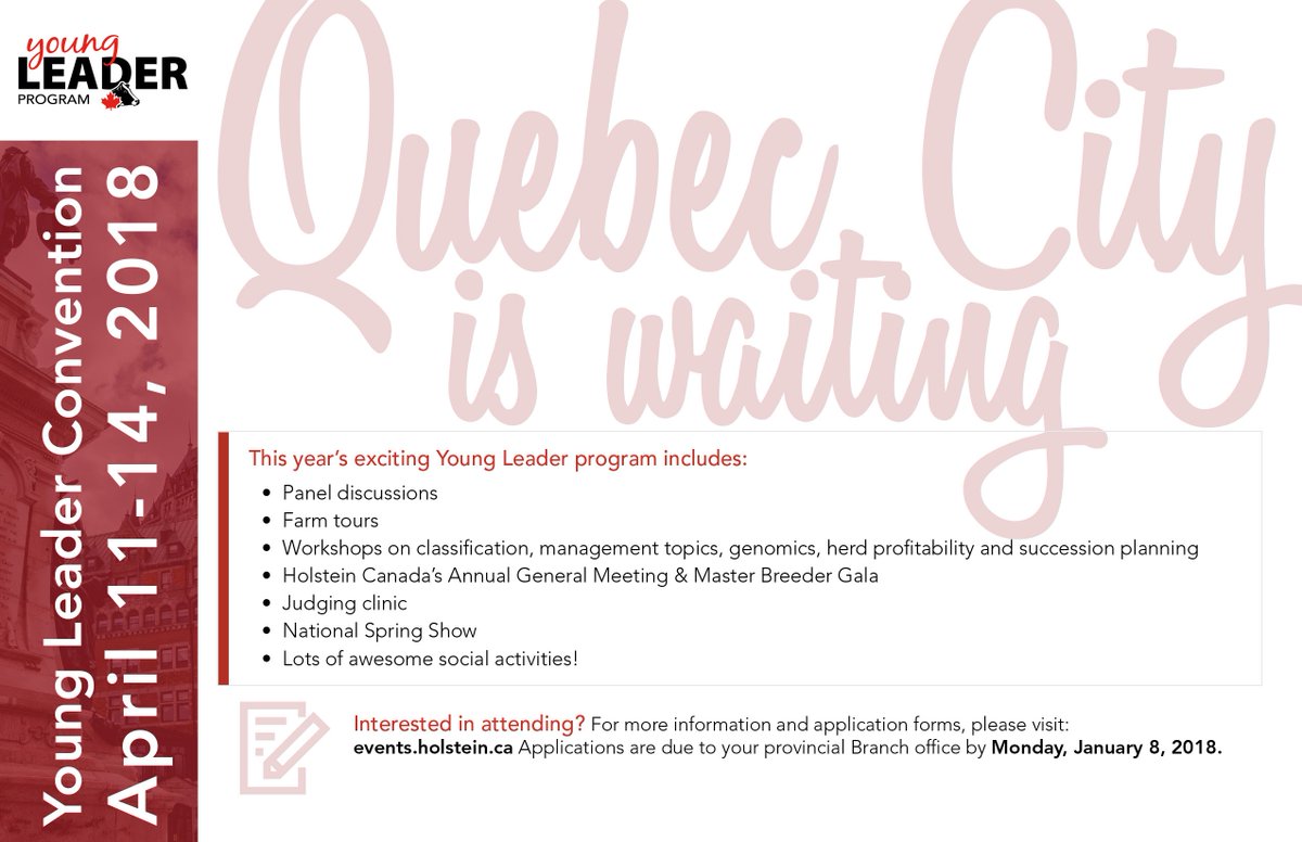 HolsteinCanada's tweet photo. Don't forget to send in your applications to your provincial Branch by January 8th! // N'oubliez pas d'envoyer votre candidature à votre branche provinciale avant le 8 janiver! https://t.co/vGOFvun5zF