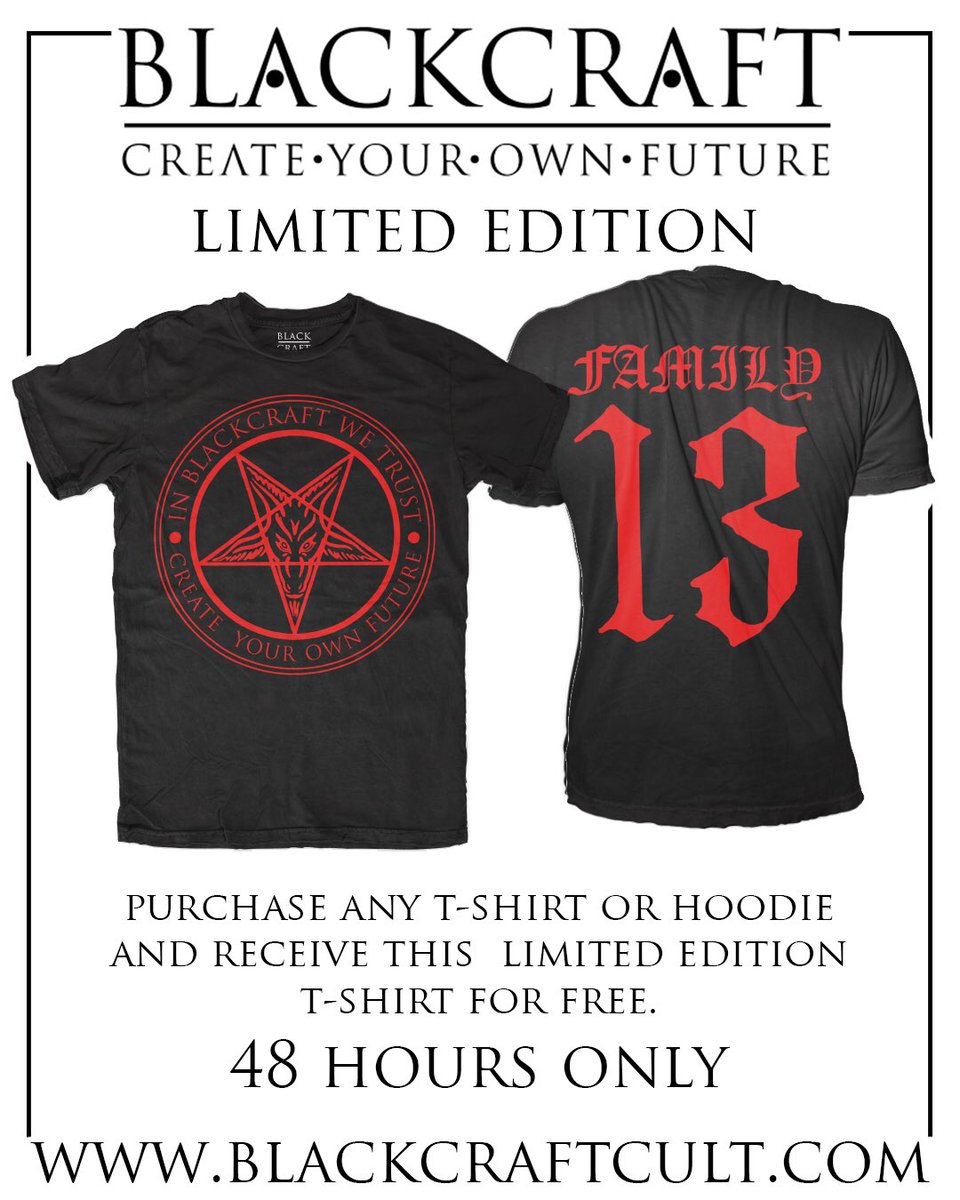 BlackCraftCult's tweet photo. Buy any t shirt or hoodie on our website and get this shirt automatically free!
*no code needed
*shirt automatically added based off largest size ordered. Women's items will get Men's small.

https://t.co/fMSriWaICP
#blackcraftcult https://t.co/tcwFSNJ42Q