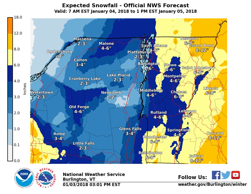 NWSBurlington's tweet photo. Here is the latest snow forecast for the upcoming winter storm Thursday into Friday. Much colder air will follow, bringing dangerously cold wind chills Friday and Saturday. #vtwx #nywx https://t.co/R2rqpKNF2O
