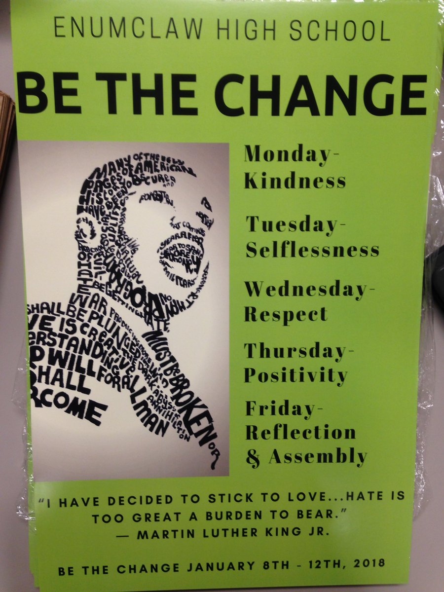 DavidStokke's tweet photo. Enumclaw High School getting ready for Be The Change week for Martin Luther King JR. day. Inspired by @johnnorlin 40 day character dare! https://t.co/rs0wS0HORR