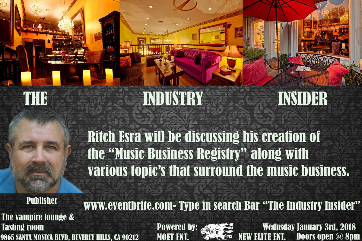 GaylMurphy's tweet photo. TY 🌴@TomHall🌴💃🎶 I'm on a #media #showbiz panel in #BeverlyHills #tonight and you're invited! #VampireLounge & #TastingRoom for the 1st "Industry Insider" #Mixer #FREE https://t.co/7Dh8P6xzCA ...Also on the panel: #RichEsra #MusicBusinessRegistry #AmandaFiore #SumerianRecords https://t.co/0wCA2vwOgN