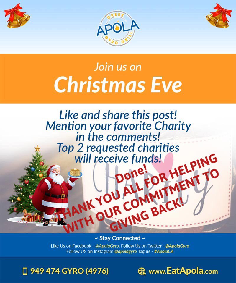 ApolaGyro's tweet photo. We originally promised to donate 25% of Christmas Eve sales but instead, let’s do 40%! 

This amount is going to @chocchildrens and future donations will go to Orange County Rescue Mission &amp; @FullertonCares &amp; more!

Thank you to all for your business and for helping us give back! https://t.co/XLYISPd9Sm
