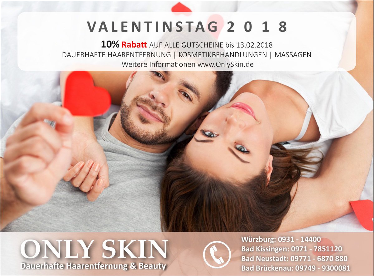 Am 14. Februar ist #VALENTINSTAG (und Aschermittwoch)
10% Nachlass auf alle Gutscheine bei ONLY SKIN (Dauerhafte Haarentfernung | Kosmetikbehandlungen | Massagen) in Würzburg, Bad Kissingen, Bad Neustadt oder Riedenberg bei Bad Brückenau - Aber nur bis zum 13.02.2018. #ONLY_SKIN