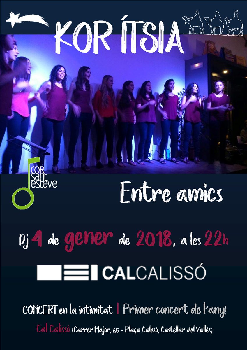 kor_itsia's tweet photo. Comencem el 2018 i per celebrar-ho hi posem música!🎶Demà al vespre cantem a Cal Calissó amb l'excusa d'acomiadar a una de les nostres cantaires... 😢 Ens hi acompanyeu?🙌🏻 Kor Ítsia entre amics, coneguts i tots aquells que us hi acosteu, que en definitiva sou amics nostres 😘😘 https://t.co/nDGGU1Z06t