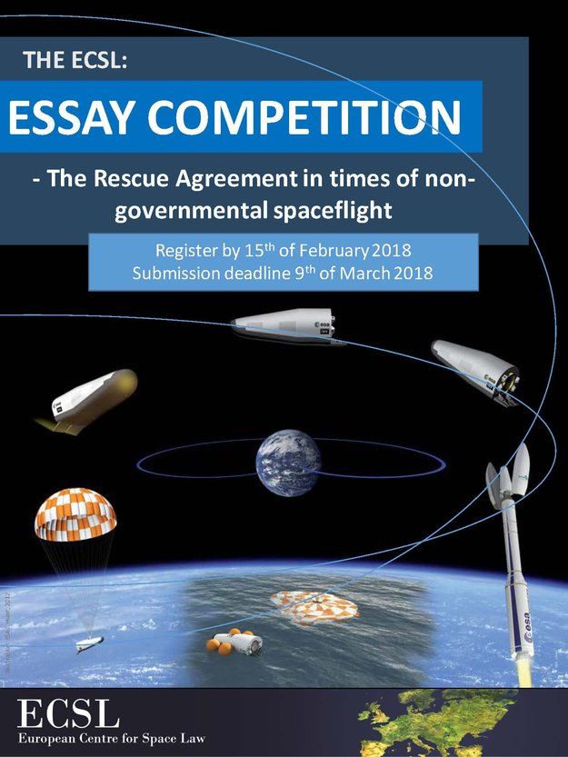 European Centre for Space Law <a href="/esa/">European Space Agency</a> Essay Competition j.mp/2lPMNvj Registration due by Feb 15, submission deadline March 9 #spacelaw #spacepolicy #COPUOS