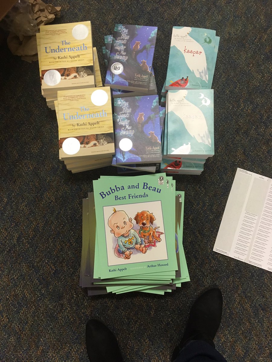 cstorms_we's tweet photo. Getting prepared for our visit from Kathi Appelt. Books to each grade level through our Education Foundation Grant.  @WEinKaty  @TheWritePath_WE @KatyISDEdFound https://t.co/x2fRZhQp2G