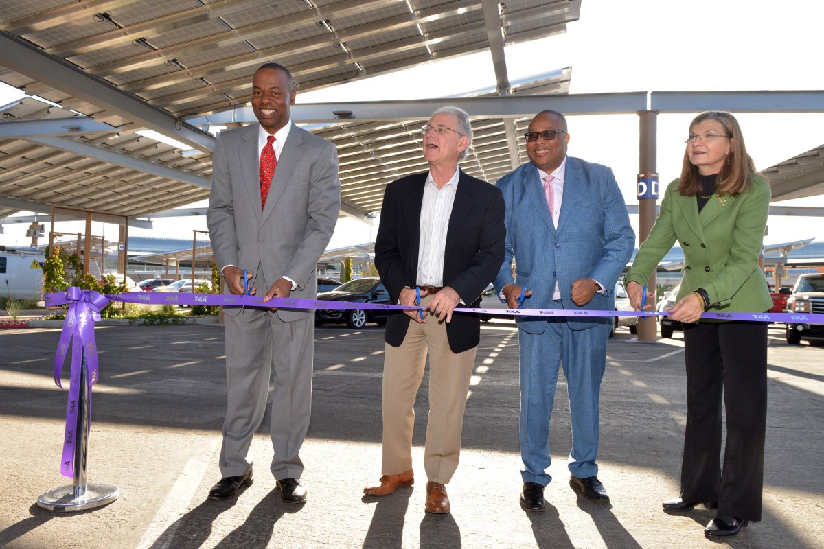 sastructural's tweet photo. A wonderful photo of the ribbon cutting provided by Chris Mooney Photography for Phase 2 of the Tucson International Airport - TUS Solar Photovoltaic project. Our client was Monrad Engineering. https://t.co/QznCrg6NYt
