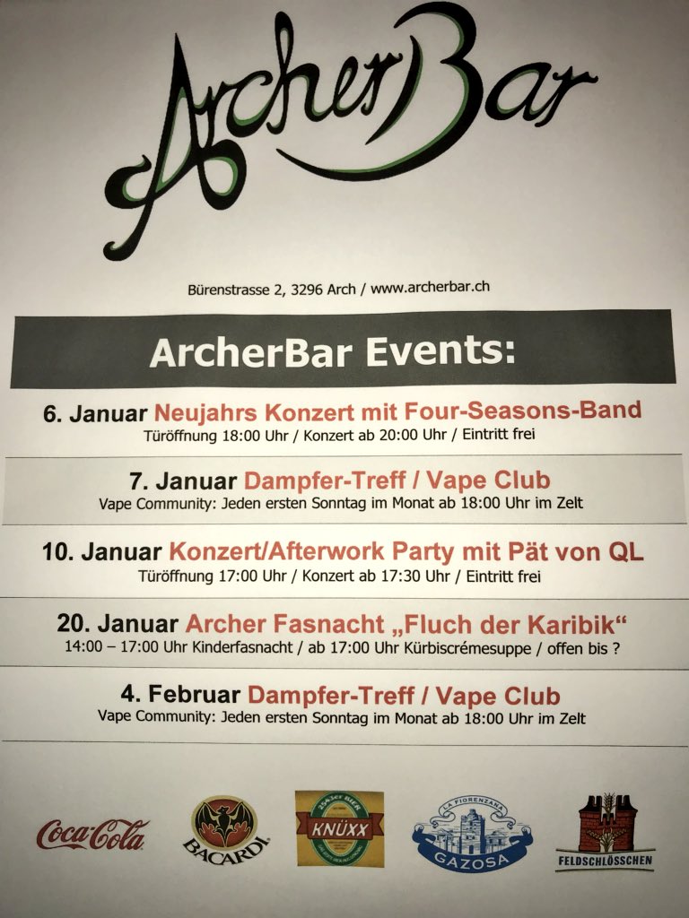 Archerbar3296's tweet photo. Events / Programm ArcherBar Januar 2018 (https://t.co/mjv9dV1t6h)
#ausgehen #ausgang #fasnacht #vape #Konzert #pät #Piraten #events https://t.co/liYSuE75xW