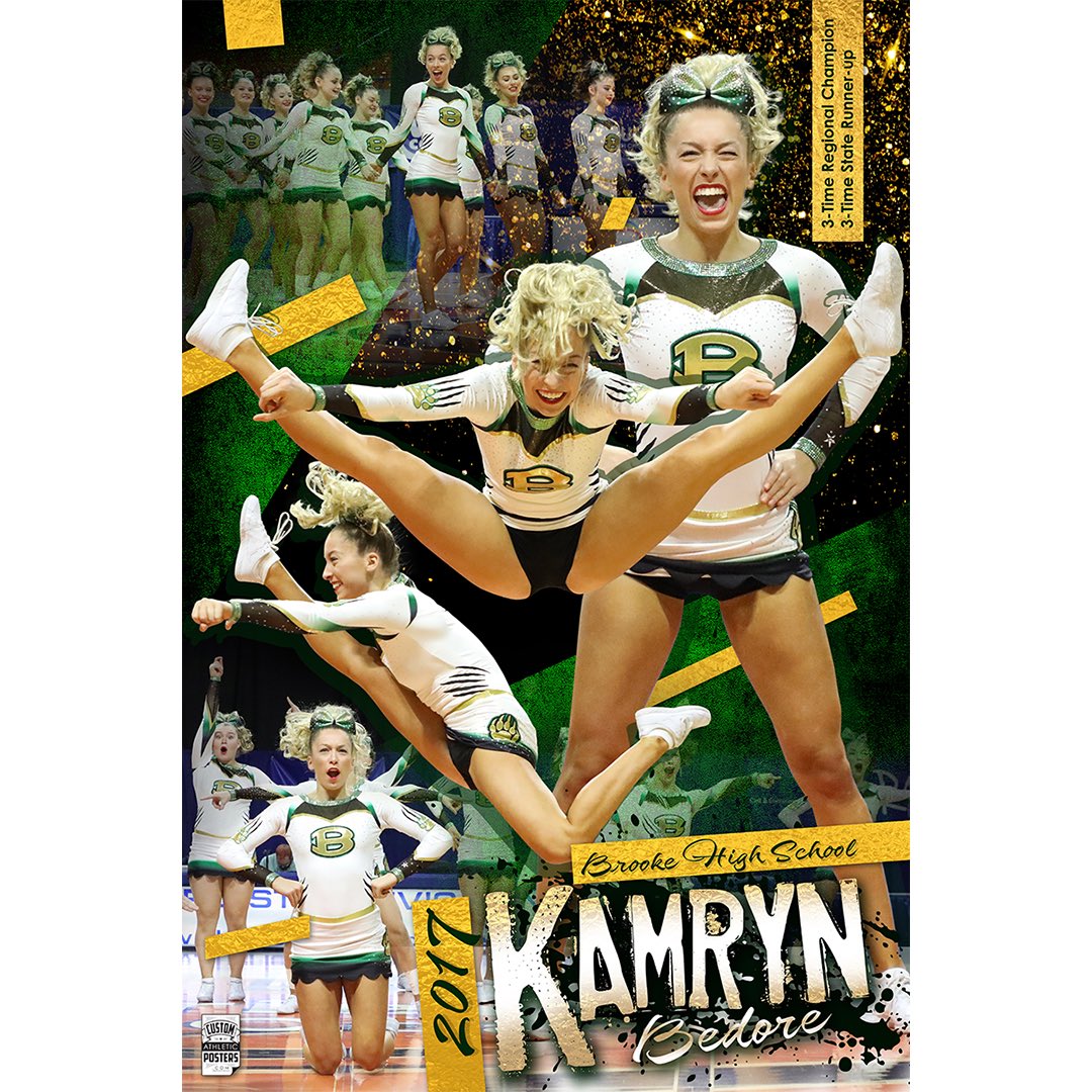 AthleticPosters's tweet photo. Proud to release our first #cheering poster. @kamryn_bedore had an amazing high school cheering career! #brookecheering 💚💛 https://t.co/c4JhwL2kN8