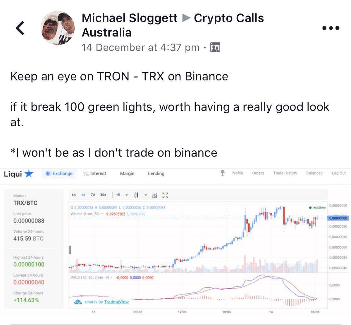 MichaelSlogget1's tweet photo. Up 1000% since I signalled it less then 30 days ago... that's 1BTC into 10btc lol #tron #trx #BTC https://t.co/b0mojkgeuV