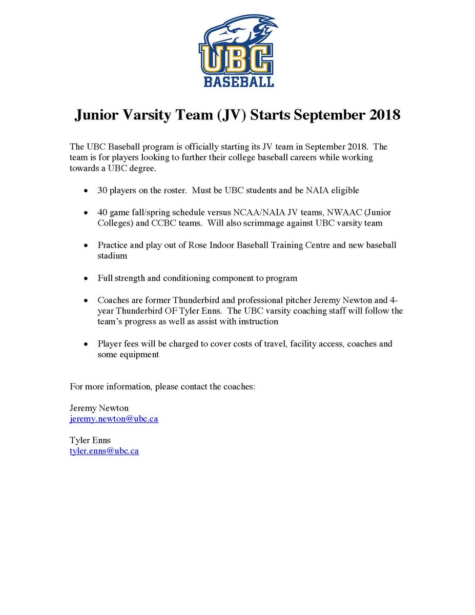 #JV: The UBC Baseball Program will be starting a Junior Varsity Team in September 2018! The deadline to apply to UBC is on January 15th. Apply today and contact Tyler Enns at tyler.enns@ubc.ca or Jeremy Newton at jeremy.newton@ubc.ca #ubc #baseball #juniorvarsity