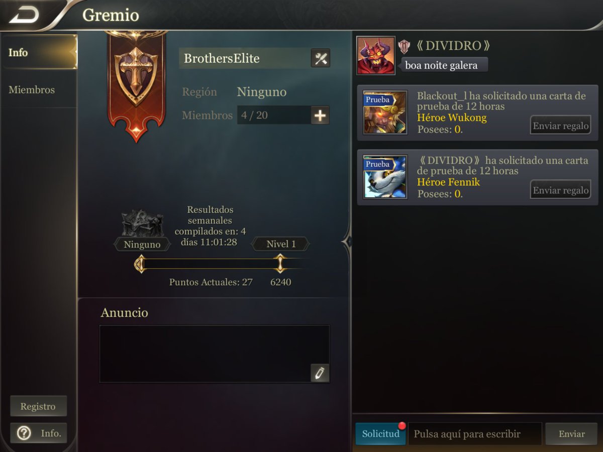 Tengo el honor de capitanear el Gremio Brothers Elite que busca formar un gran equipo competitivo. Todos invitados a ingresar! 😉😉😉