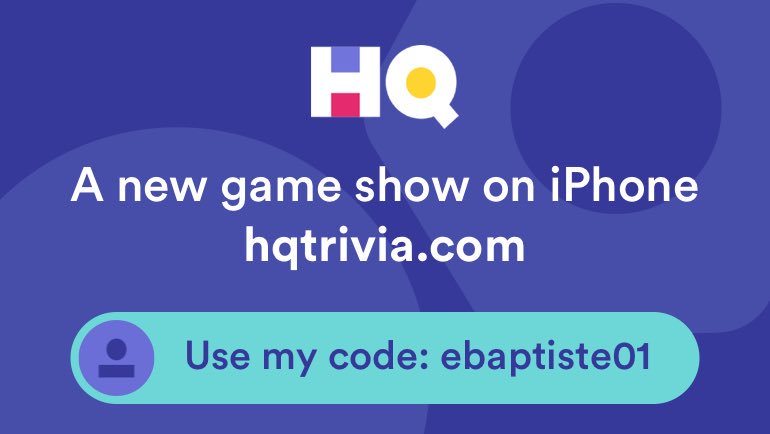 LegacyPromotion's tweet image. I’m playing a game called @hqtrivia. You should play too. Use my code ‘ebaptiste01’ to sign up get.hqtrivia.com