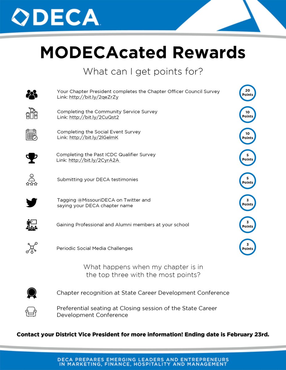 MissouriDECA's tweet photo. Want front row seats and special recognition at Missouri's State CDC? Check out our first annual MODECAcated rewards system! Prize goes to the top three chapters who show their #DECAcation the most by following the activities listed. Good luck everyone! https://t.co/iV9PKSnS6P