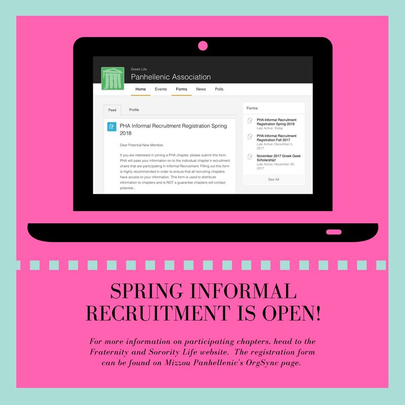 MizzouPHA's tweet photo. New Year, new opportunities! Check out Spring Informal Recruitment on Mizzou PHA's website ✨ The registration form is on our OrgSync page! https://t.co/AbAHgLz8I0