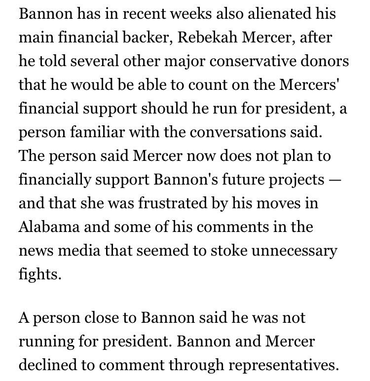 AshleyRParker's tweet photo. MERCERS OUT: Bannon's recent behavior has lost him the financial backing of a major patron and supporter of his projects — Rebekah Mercer. @jdawsey1, @PostRoz and I report. https://t.co/HF4Fl4eDwB https://t.co/Zh6KDSCJut