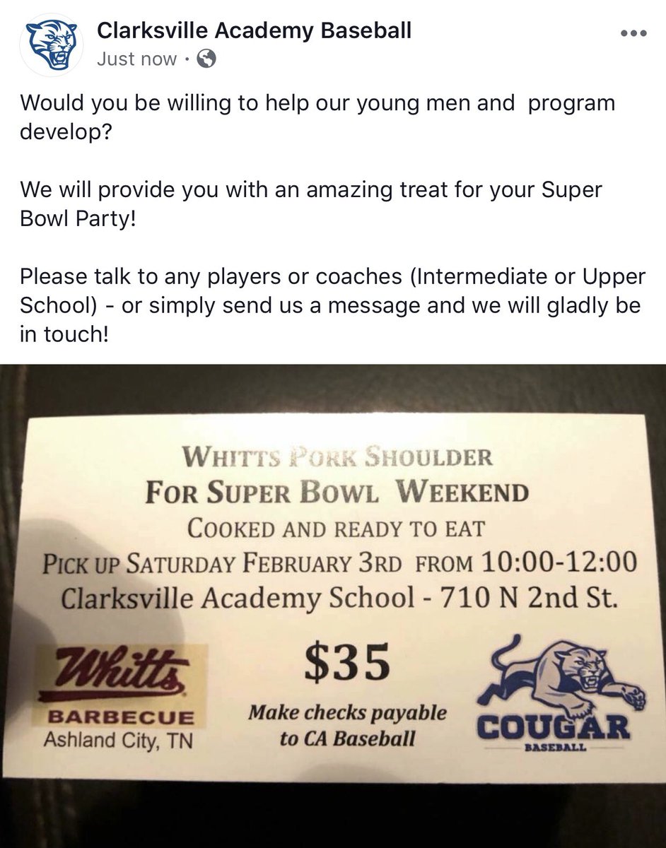 _CougarBaseball's tweet photo. We would love YOUR support &amp; you will have plenty of food to provide for that Super Bowl Party! https://t.co/5qry1tocE0