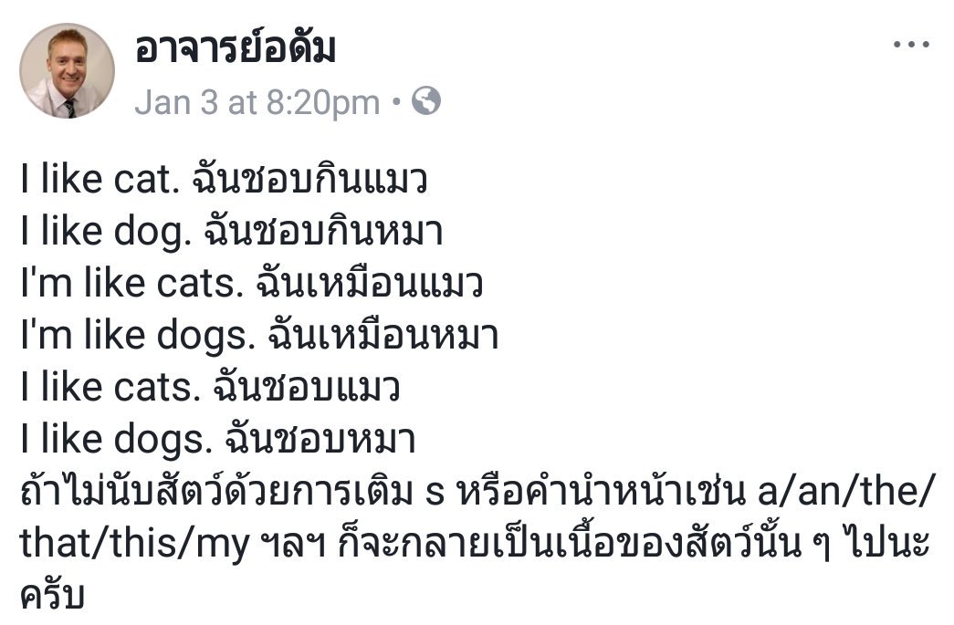 AjarnAdam's tweet photo. I like cat. ฉันชอบกินแมว 
I like dog. ฉันชอบกินหมา 
I'm like cats. ฉันเหมือนแมว
I'm like dogs. ฉันเหมือนหมา https://t.co/pUlrtOM0oa