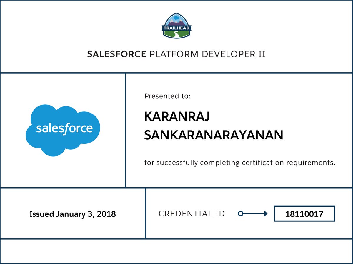 karanrajs's tweet image. Woot! It&apos;s official now! Salesforce Certified Platform Developer II. Starting off 2018 with #Salesforce certification. @trailhead #AdvancedDeveloper @SalesforceDevs