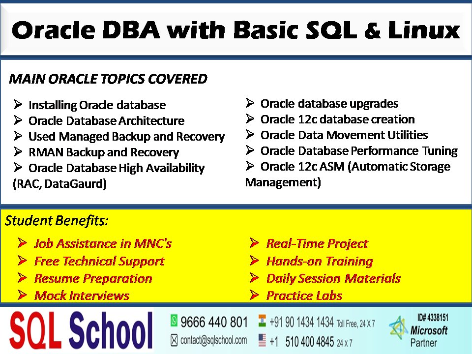 sequelschool's tweet image. Oracle DBA Real Time Training at SQLSchool

Duration: 45 Days
Course Includes:
* Realtime Case Studies
* Daily Tasks
* Session Notes
* Resume Assitance
Register Free Demo @ sqlschool.com/oracle/
Call us today +91 90 1434 1434 [Toll Free]

#OracleDBA #OracleAdmin #OracleTraining