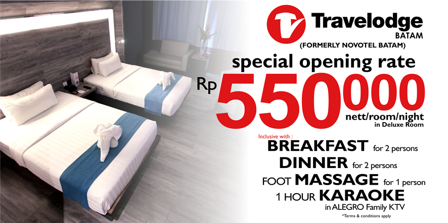 TravelodgeBatam's tweet photo. Enjoy our special opening rate at IDR550k nett/room/night in a Deluxe Room including breakfast, dinner, foot massage and karaoke. T&amp;Cs apply! https://t.co/3Qi0JBNDyd