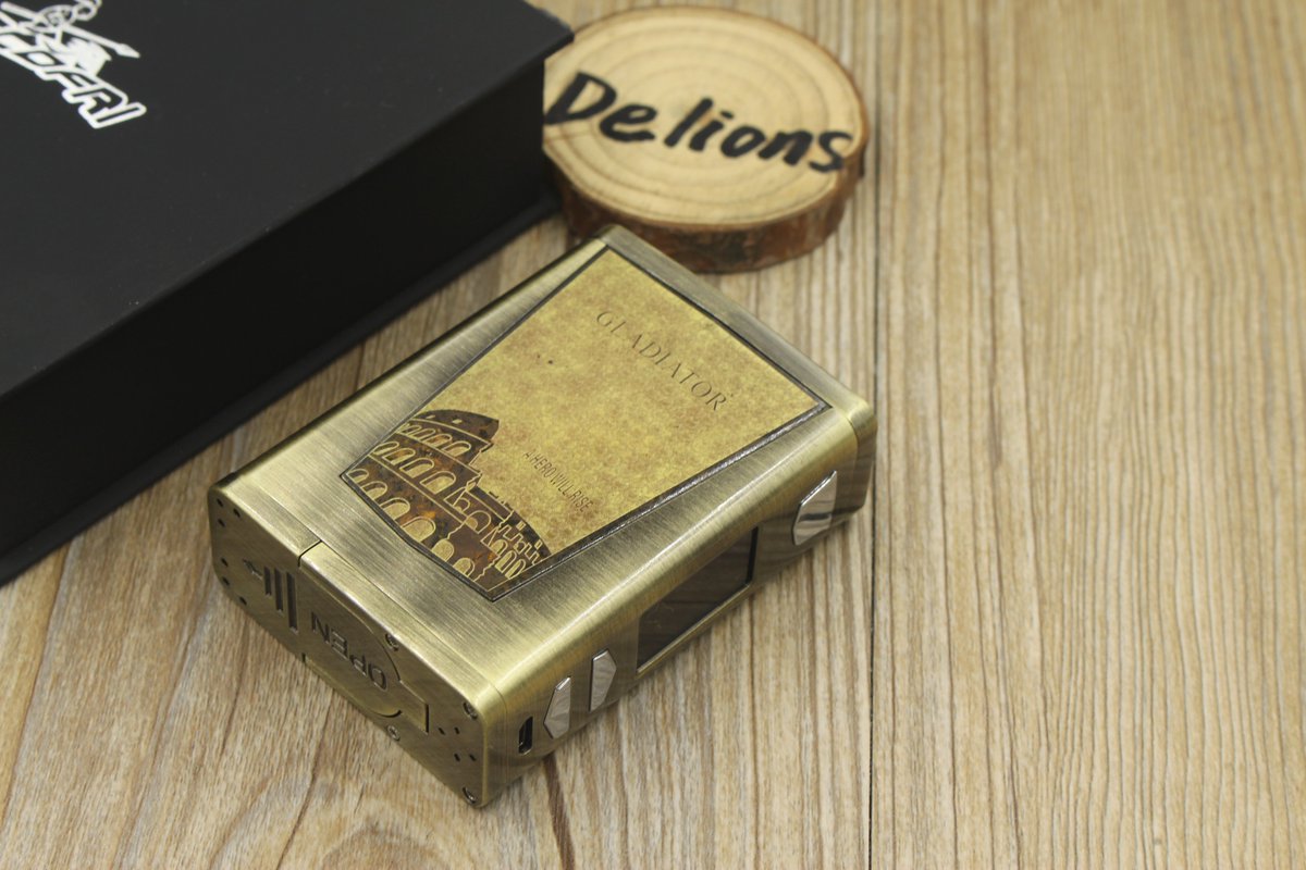 DelionsBen's tweet photo. Bronze and copper colors original Gladiator 200W box mod, laser Colosseum and Spartan graphic on 2 sides. LED screen to show parameters, buttons to adjust output. Slots suit 2 pcs 18650 batteries.
#vapemod #boxmod #vapenews #vapelife #vapetime https://t.co/QRTDKvdGxu