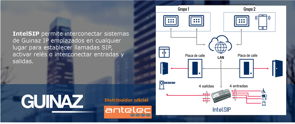 <a href="/videoporteros/">Guinaz</a> presenta IntelSIP su módulo servidor IP inteligente.  Permite gestionar comunicaciones con múltiples entradas y salidas vía IP, establecer llamadas SIP o activar relés .

Para más información: info@antelec.es o 957 764095