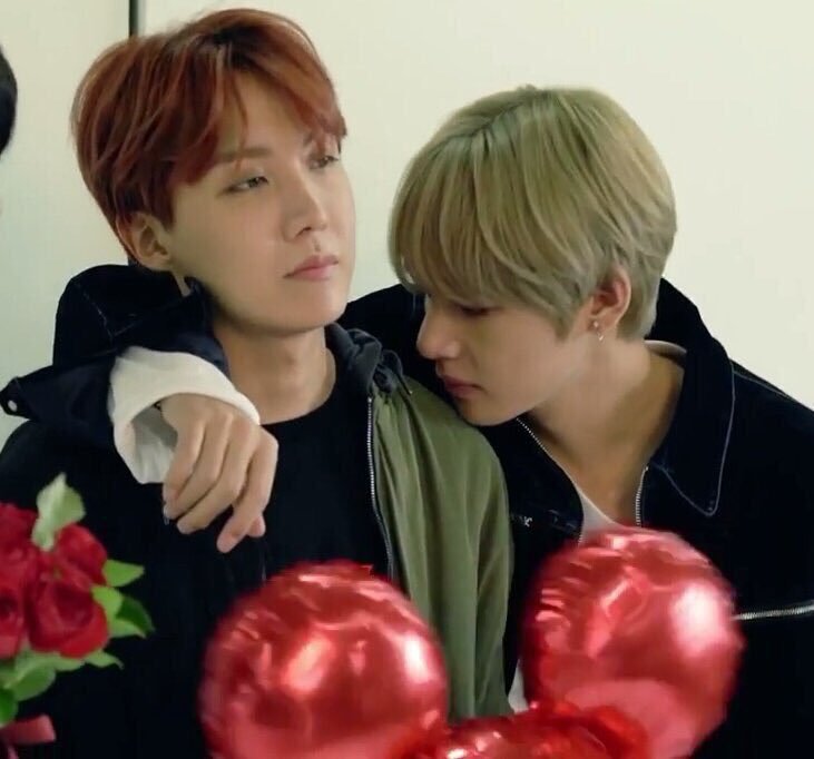Jung Hoseok  Taehyung's very gay awakening. Reportedly his first kiss. Two sunshines who praise each other and play around a lot. Also, tension.